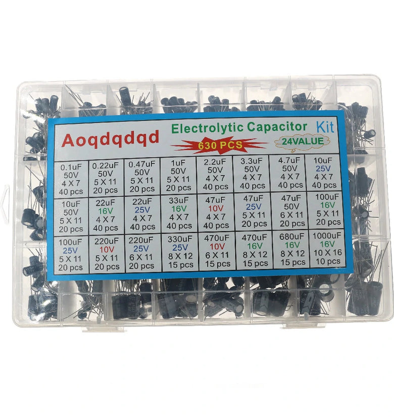630pcs/set 24 Values High Frequency Electrolytic Capacitor Kit Set 0.1UF-1000UF Aluminum Capacitors for DIY Project Experiments