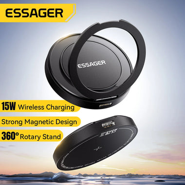 ESSAGER ES-WC18 15W Magnetic Wireless Charger Fast Wireless Charging Pad with 360 Rotary Stand for Smart Phones for iPhone 16 16 Pro 15 14 13 Pro Max for Xiaomi 15 Ultra for Huawei Pura X for Samsung Galaxy S25 Ultra
