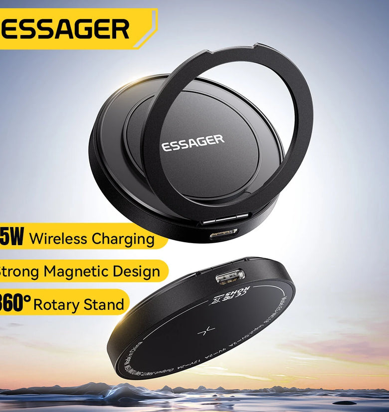 ESSAGER ES-WC18 15W Magnetic Wireless Charger Fast Wireless Charging Pad with 360 Rotary Stand for Smart Phones for iPhone 16 16 Pro 15 14 13 Pro Max for Xiaomi 15 Ultra for Huawei Pura X for Samsung Galaxy S25 Ultra