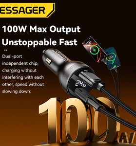 ESSAGER ES-CC17 100W 2-Port USB PD Car Charger Adapter with USB-A+Type-C PD3.0 QC3.0 AFC FCP SCP PPS VOOC Fast Charging with LED Digital Display for iPhone 16 16 Pro 15 14 13 Pro Max for Samsung Galaxy Z Flip6 for Xiaomi 15pro