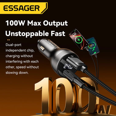 ESSAGER ES-CC17 100W 2-Port USB PD Car Charger Adapter with USB-A+Type-C PD3.0 QC3.0 AFC FCP SCP PPS VOOC Fast Charging with LED Digital Display for iPhone 16 16 Pro 15 14 13 Pro Max for Samsung Galaxy Z Flip6 for Xiaomi 15pro