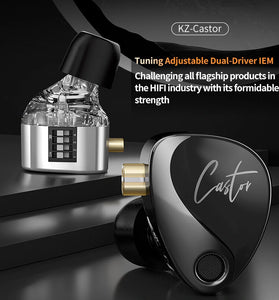 KZ Castor Wired Earphone Tuning Adjustable Dual Drivers IEM HiFi Sound Deep Bass 3.5mm Wired In-ear Earphone Headphone