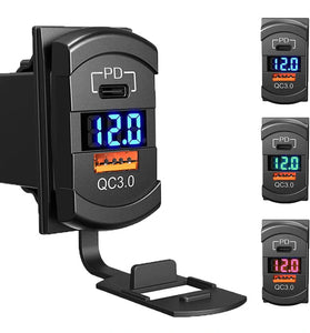 12-24V Dual USB Car Charger Socket PD QC3.0 Power Adapter with Digital Display Voltmeter for Motorcycle Boat Marine Truck ATV