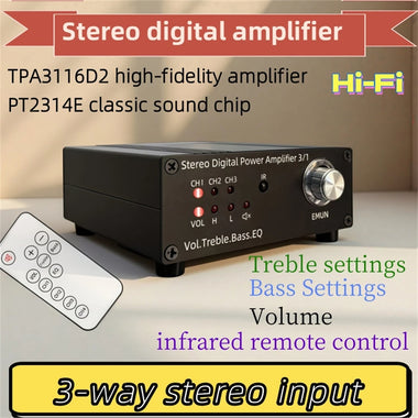 TPA3116 Stereo Digital Amplifier 50W x 2 Power Output EQ Mode Bass Treble Control RCA Inputs Audio System Remote Control High Performance Chip