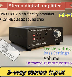 TPA3116 Stereo Digital Amplifier 50W x 2 Power Output EQ Mode Bass Treble Control RCA Inputs Audio System Remote Control High Performance Chip