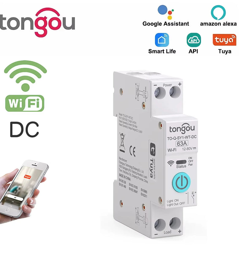Tongou Tuya DC WIFI Smart Circuit Breaker 1P 63A DIN Rail for Smart Home Wireless Remote Control Switch Voice Control with Alexa Google Assistant