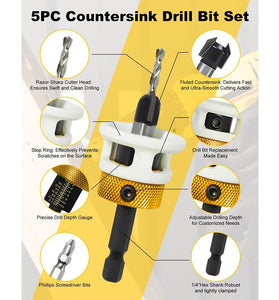 Carbide Tipped Countersink Drill Bits Set Low Friction Depth Stop 1/4" Hex Shank Replaceable HSS Pilot Drill Wood Plastic Woodworking