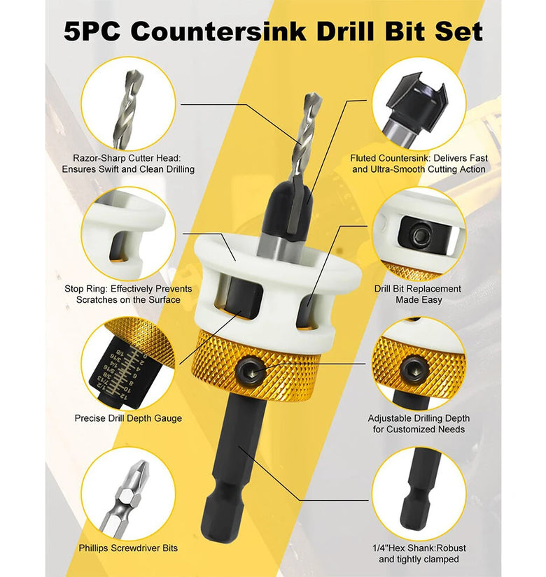 Carbide Tipped Countersink Drill Bits Set Low Friction Depth Stop 1/4