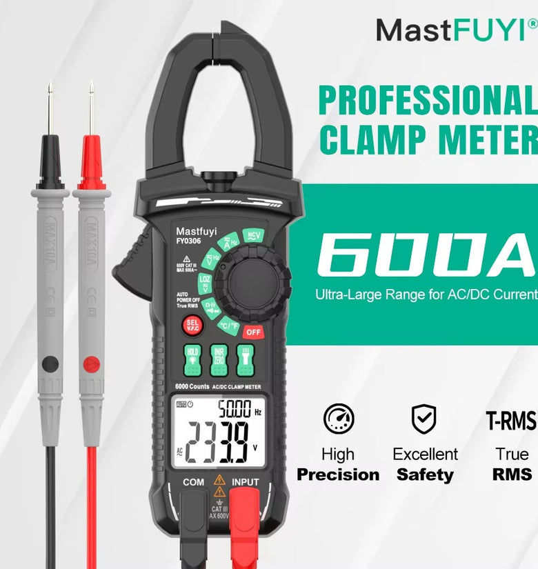FUYI FY0306 Digital Clamp Meter True RMS Multimeter 5999 Counts AC DC Current Voltage Capacitance Diode Test Temperature Measurement Portable Professional Tool
