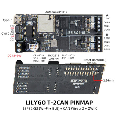 LILYGO T-2CAN ESP32-S3 WiFi Bluetooth Development Board 16MB Flash 8MB PSRAM Stand-Alone CAN Controller QWIIC Interface Compatible IoT Automotive Solution Wireless Module