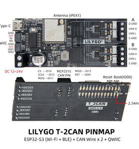 LILYGO T-2CAN ESP32-S3 WiFi Bluetooth Development Board 16MB Flash 8MB PSRAM Stand-Alone CAN Controller QWIIC Interface Compatible IoT Automotive Solution Wireless Module
