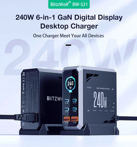 [GaN Tech] Blitzwolf BW-S31 240W 6-Port USB PD Charger 4USB-C+2USB-A QC PD Digital Display Fast Charging Desktop Charging Station for iPhone 16 16 Pro 15 14 13 Pro Max for MacBook Pro for Airpods for Apple Watch