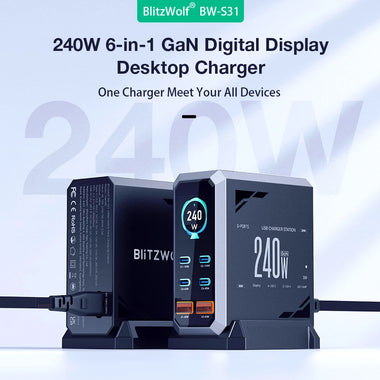 [GaN Tech] Blitzwolf BW-S31 240W 6-Port USB PD Charger 4USB-C+2USB-A QC PD Digital Display Fast Charging Desktop Charging Station for iPhone 16 16 Pro 15 14 13 Pro Max for MacBook Pro for Airpods for Apple Watch