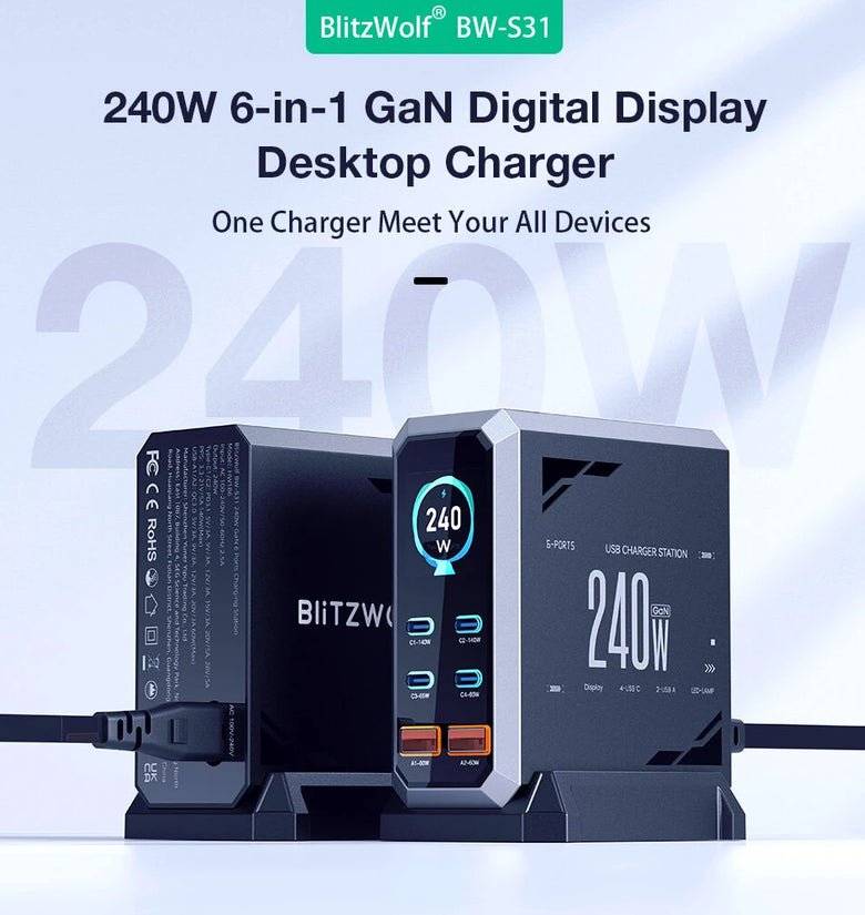 [GaN Tech] Blitzwolf BW-S31 240W 6-Port USB PD Charger 4USB-C+2USB-A QC PD Digital Display Fast Charging Desktop Charging Station for iPhone 16 16 Pro 15 14 13 Pro Max for MacBook Pro for Airpods for Apple Watch