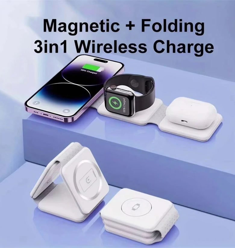 3-in-1 Magnetic Wireless Charger Foldable Design 15W Fast Charging Multi-Device Compatibility for iPhone AirPods Watch Portable Travel Charge