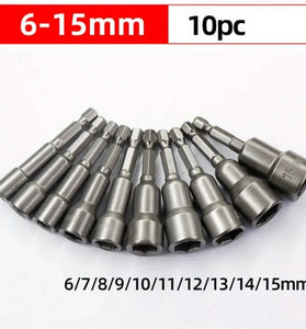 10PCS Impact Socket Magnetic Nut Screwdriver Set 6mm-19mm Heat-Treated Chrome Vanadium Steel 1/4" Hex Key Drill Bit Adapter for Power Drills and Impact Drivers
