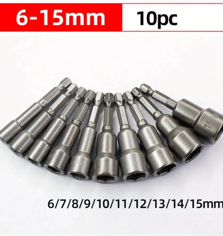 10PCS Impact Socket Magnetic Nut Screwdriver Set 6mm-19mm Heat-Treated Chrome Vanadium Steel 1/4