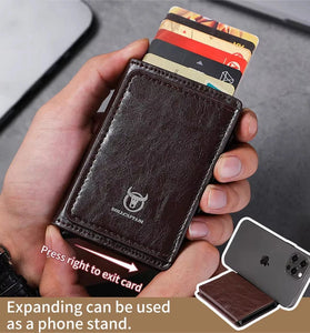BULLCAPTAIN Men's Mobile Phone Holder Card Holder RFID Blocking Leather Wallet Aluminium Box Credit Card Holder Money Clip Slim Design Secure Protected