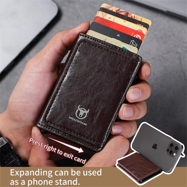 BULLCAPTAIN Men's Mobile Phone Holder Card Holder RFID Blocking Leather Wallet Aluminium Box Credit Card Holder Money Clip Slim Design Secure Protected