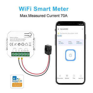 Ewelink WiFi Smart Energy Meter 70A+10A Clamp Sensor Real-Time Monitoring 6-Month Data Log Smart Home Automation Power Energy Savings App Voice Control with Alexa Google IFTTT