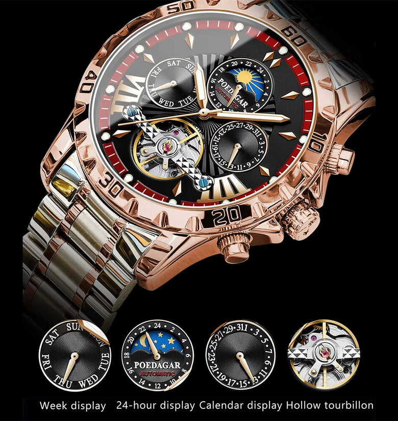 POEDAGAR Men Luxury Automatic Mechanical Watch Hollow Tourillon Waterproof Luminous Male Clock Week Date Business Men's Wristwatch