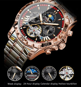 POEDAGAR Men Luxury Automatic Mechanical Watch Hollow Tourillon Waterproof Luminous Male Clock Week Date Business Men's Wristwatch