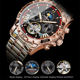 POEDAGAR Men Luxury Automatic Mechanical Watch Hollow Tourillon Waterproof Luminous Male Clock Week Date Business Men's Wristwatch