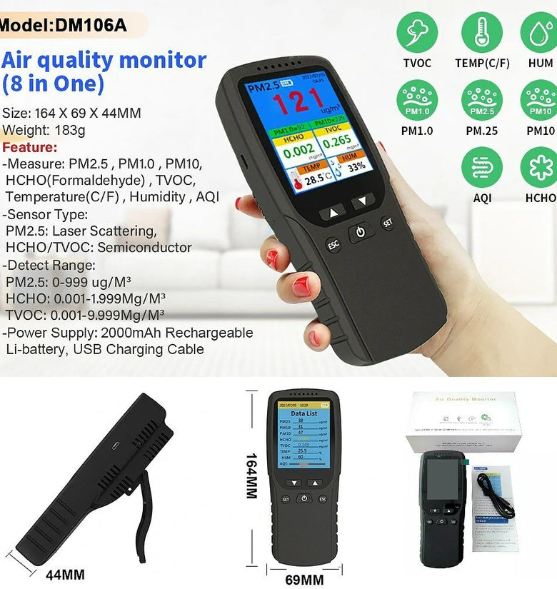 Indoor Portable PM2.5 Detector Multifunctional Thermohygrometer Home LCD Digital Air Detector Intelligent Air Quality Analyzer Household Air Pollution Monitor