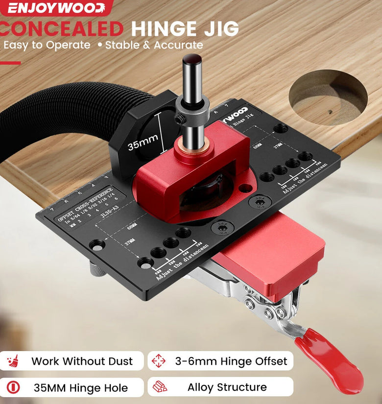 ENJOYWOOD Concealed Hinge Jig with Quick Clip and Dust Vacuum Adapter Concealed Door Hinge Jig 35mm Cabinet Hinge Jig Hinge Hole Drilling Jig for Woodworking Door Cabinet Hinges Mounting Tool