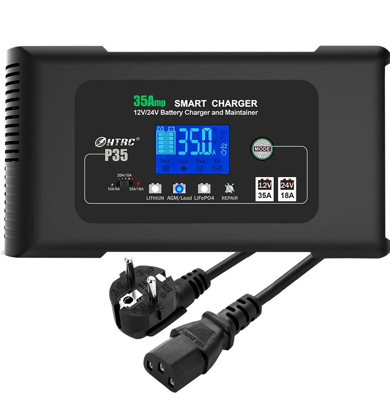 HTRC Large Power 35A 12V 24V Car Battery Charger for Moto Truck Motorcycle AGM Lead Acid PB GEL LCD Display Smart Charging