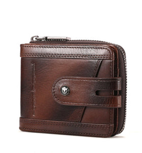 BULLCAPTAIN Genuine Leather Bifold Men Zipper Wallet RFID Blocking Mutil Card Holder Coin Purse Small Cash Clip