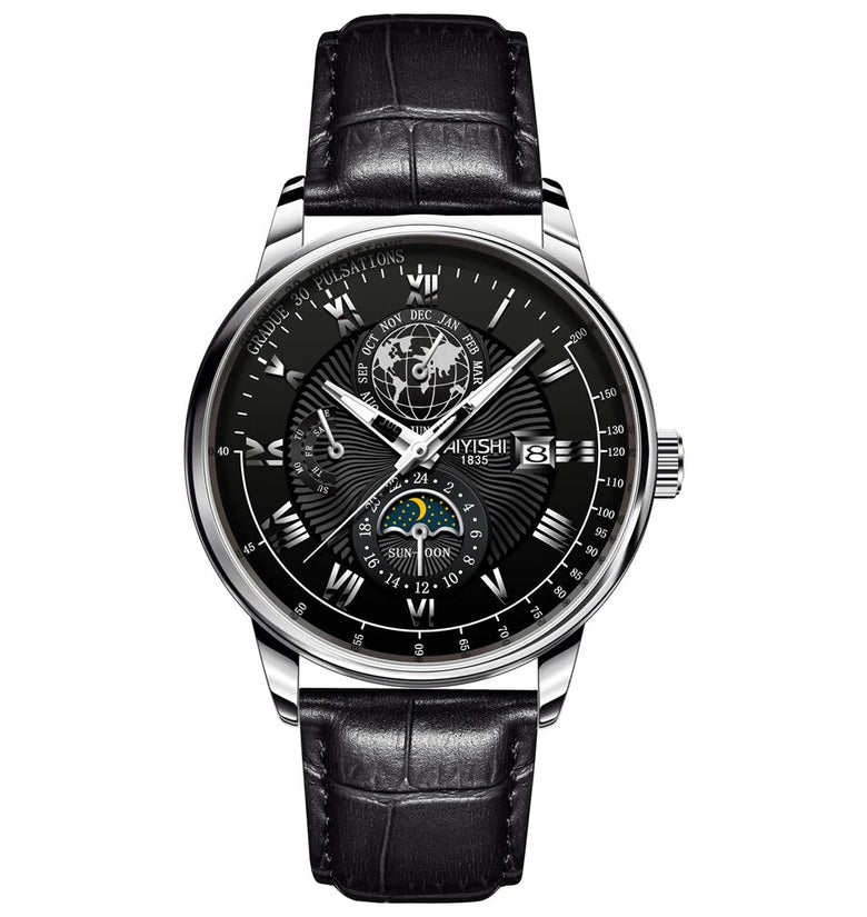 AIYISHI Men Business Luxury Quartz Watch Luminous Single Date Round Dial PU Leather Strap Watches Men's Sport Watch