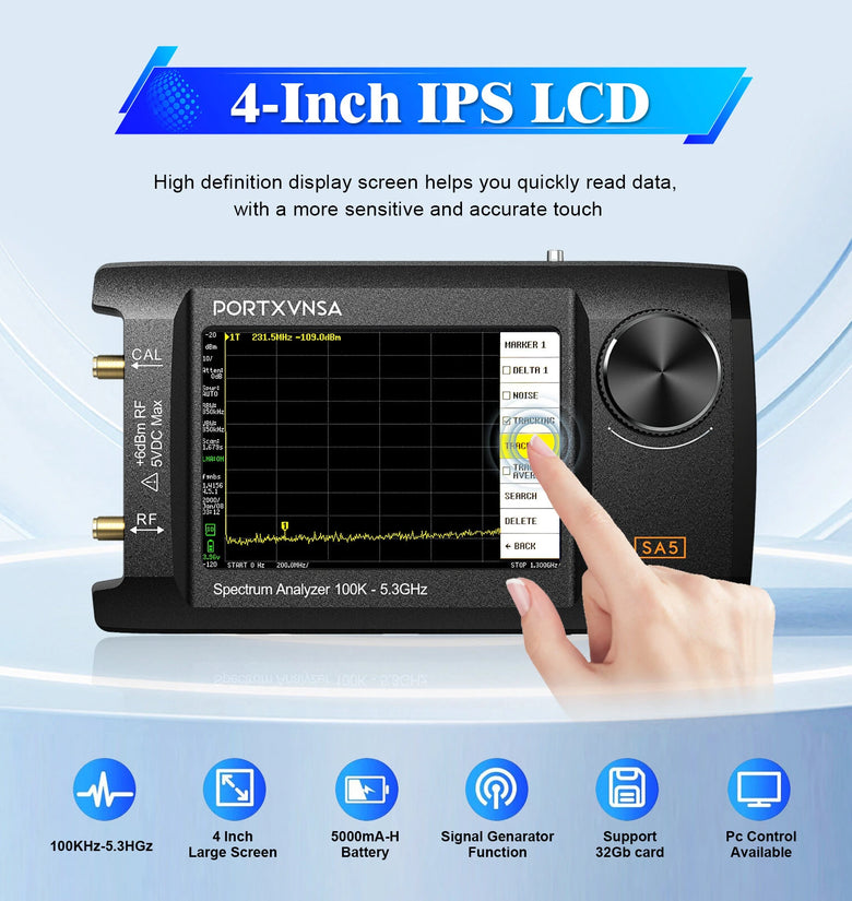 SA5 4 Inch Display Wide Frequency Range 100kHz to 6GHz RF Analyzer 5000mAh Battery Optional 32GB MicroSD High Precision Versatile Scanning