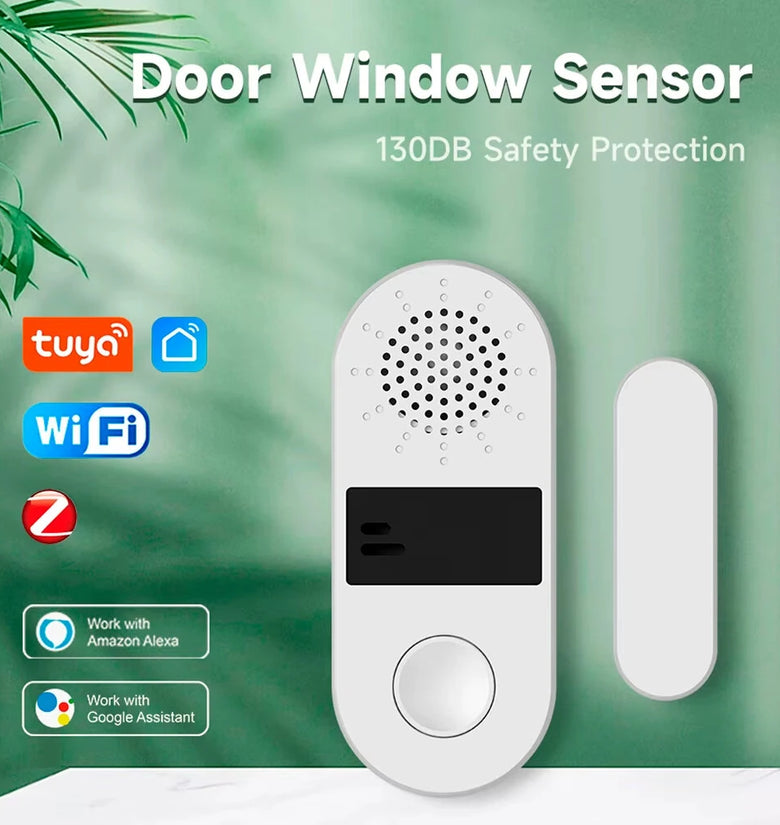 Tuya WiFi/Zigbee Door Window Sensor 130DB Sound Light Alarm Wireless Door Detector SmartLife APP Voice Control with Alexa Google Assistant