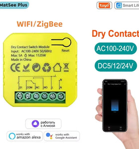 Tuya 5A Smart ZigBe WiFi Dry Contact Switch Relay App Remote Control Timing DC12/24V AC100-240V Supports Google Home Alexa