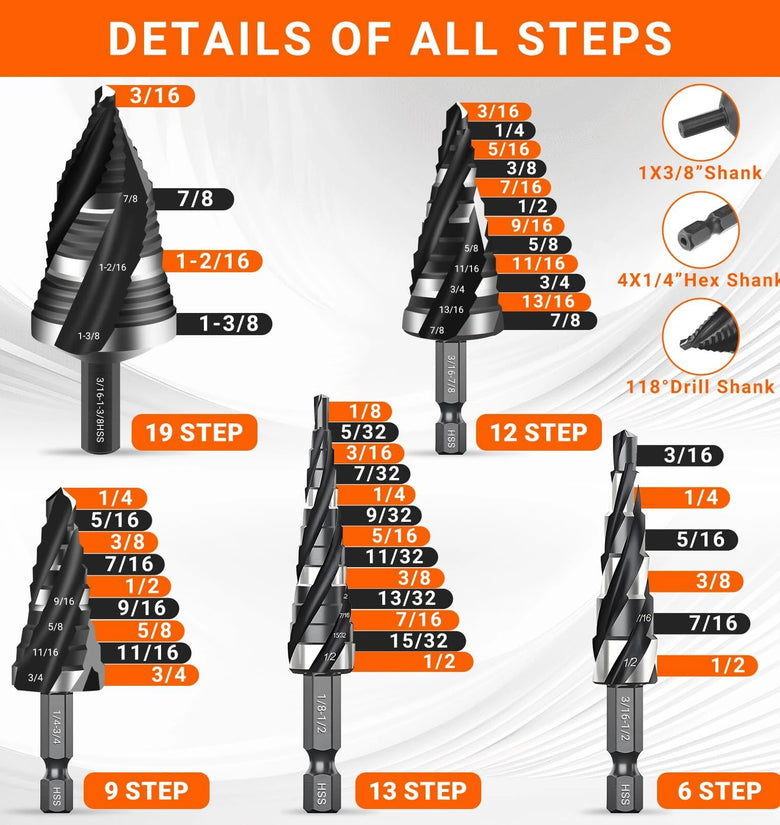 5pcs HSS Spiral Step Drill Bit Set Four Flute 1/8 to 1-3/8 Inch High Speed Steel Hex Shank for Stainless Steel Aluminum Wood Plastic Metal Hole Drilling Tools