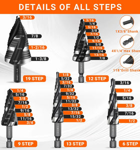 5pcs HSS Spiral Step Drill Bit Set Four Flute 1/8 to 1-3/8 Inch High Speed Steel Hex Shank for Stainless Steel Aluminum Wood Plastic Metal Hole Drilling Tools