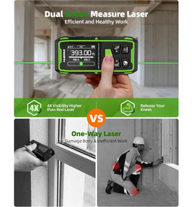 Huepar Dual Green Beam Laser Distance Meter Bidirectional Measuring Tool 393Ft 656Ft Rechargeable Backlit LCD 9 Modes Electronic Angle Sensor Accurate Measurement