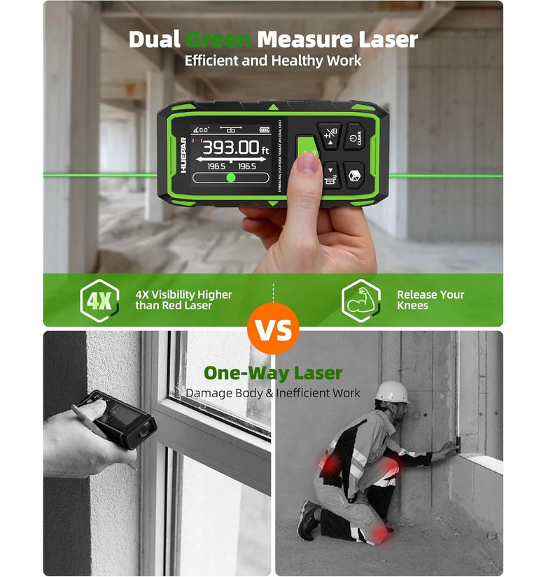 Huepar Dual Green Beam Laser Distance Meter Bidirectional Measuring Tool 393Ft 656Ft Rechargeable Backlit LCD 9 Modes Electronic Angle Sensor Accurate Measurement