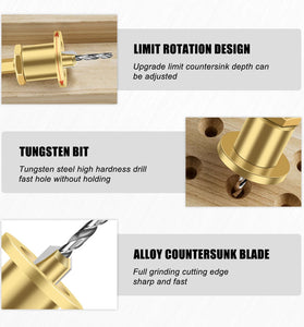 5PCS 6.35mm Hex Shank Tungsten Carbide Tipped Countersink Drill Bits Set with Adjustable Drill Bit Depth Stop for Woodworking Sizes 2.8mm 3mm 3.2mm 3.5mm 4mm Self-Tapping Screws