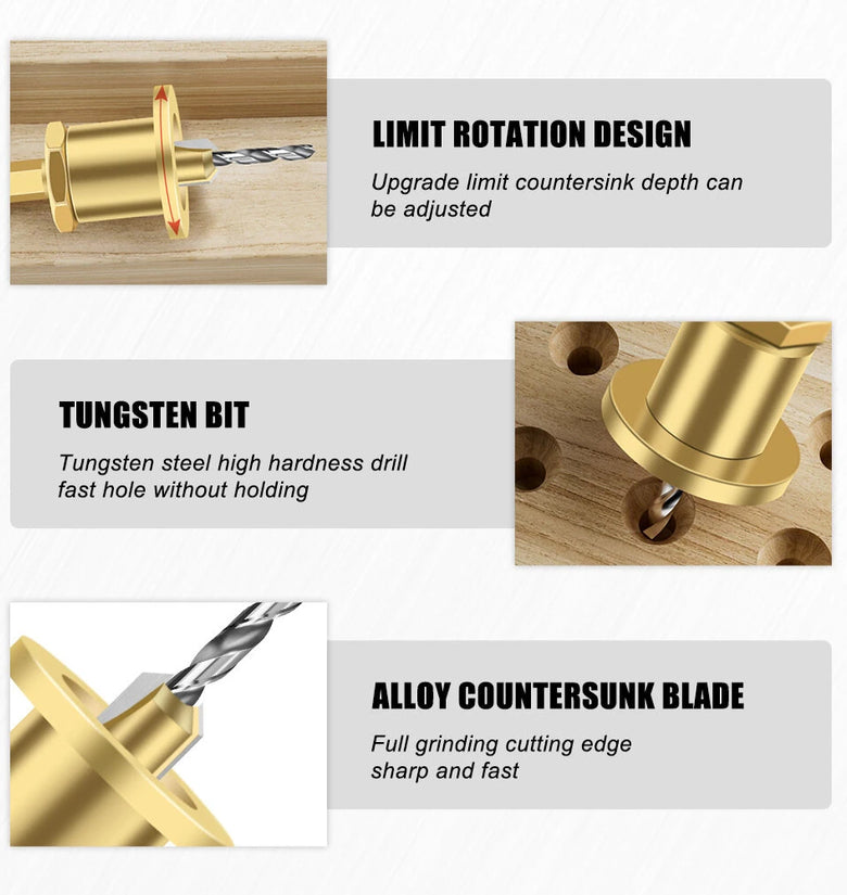 5PCS 6.35mm Hex Shank Tungsten Carbide Tipped Countersink Drill Bits Set with Adjustable Drill Bit Depth Stop for Woodworking Sizes 2.8mm 3mm 3.2mm 3.5mm 4mm Self-Tapping Screws