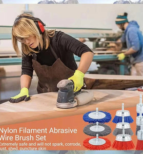 9 PCS Filament Abrasive Nylon Wire Brush Wheel Set Rust Paint Remover 1/4 Inch Hex Drill Shank Metal Wood Plastic Cleaner Light Sanding Deburring Cleaning Tools
