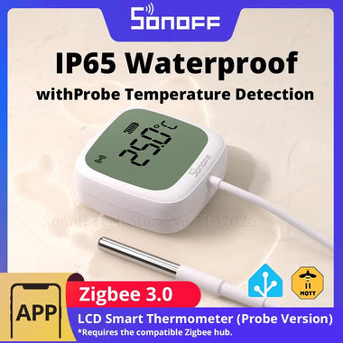 SONOFF SNZB-02LD Zigbee3.0 LCD Smart Thermometer with Probe IP65 Waterproof for Fridge Pool Fish Tank Wine Cellar via ZBBridge-P