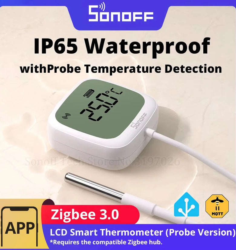 SONOFF SNZB-02LD Zigbee3.0 LCD Smart Thermometer with Probe IP65 Waterproof for Fridge Pool Fish Tank Wine Cellar via ZBBridge-P