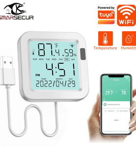 Smarsecur Smart Wifi Temperature and Humidity Sensor with Real Time Monitoring, Adjustable Temperature Modes Remote Access Energy Efficient Anti-Tamper Design Works with Smartphone Ideal for Home Climate Control