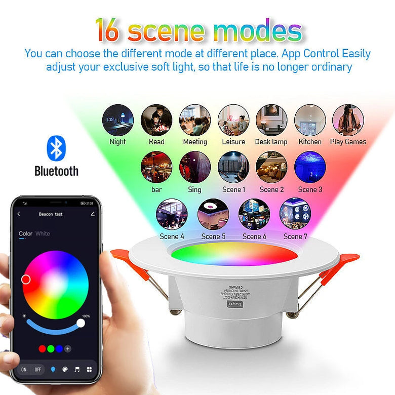 10W LED Smart Downlight RGB+CCT 16 Million Colors 2700K~6500K 800 Lumens Works With Alexa Voice Tuya Bluetooth APP Control