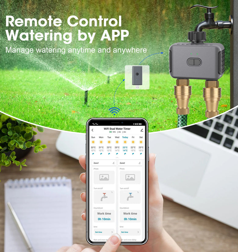 SGW08MZ Tuya Zigbe 2 Zones Smart Irrigation Timer Digital Programming Watering Schedules Sprinkler Drip Irrigation System Voice Control with Alexa Google Assistant