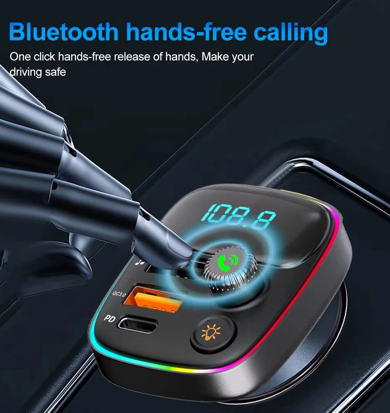 Car FM Transmitter PD Type C Dual USB Ambient Player MP3 Charger Bluetooth 5.3 Wireless Light Handsfree PD QC3.0