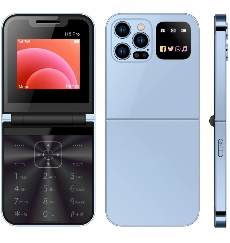 i15 Pro Mini 2G GSM 2.4 Inch Dual SIM Card FM Big Buttons Speed LED Flashlight Foldable Flip Mobile Phone