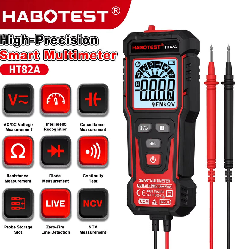 HABOTEST HT82A Smart Digital Multimeter 4000 Counts Auto Ranging True RMS AC DC Voltage Tester LED Backlit Continuity Phase Test Multimeter